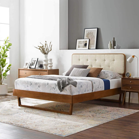 Modway MOD-6387-WAL-BEI Bridgette Queen Wood Platform Bed with Angular Frame, Walnut Beige
