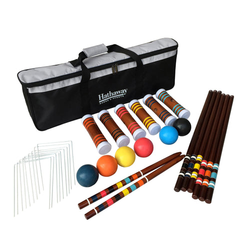 Hathaway 6-Player Croquet Set for Adults, Kids & Families – Includes Durable Hardwood Mallets, Handles & Goal Stakes, Chip-Resistant Polymer Croquet Balls, Steel Wickets, & Nylon Carrying Bag