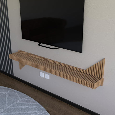 Parametric 65 inch Floating Shelf TV Unit Modern Geometric Wooden Wall Piece Decor Natural Oak Color 3D Wavy Living and Gaming Room Shelf