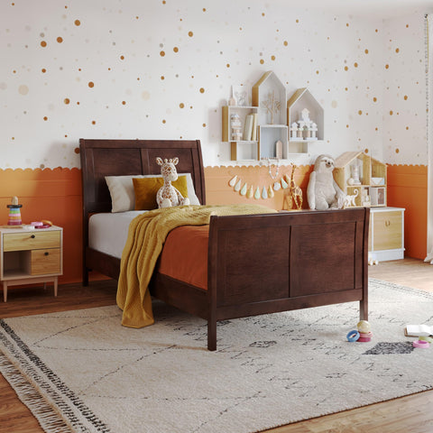 AFI, Valencia Twin Solid Wood Low Profile Sleigh Platform Bed with Matching Footboard, Walnut