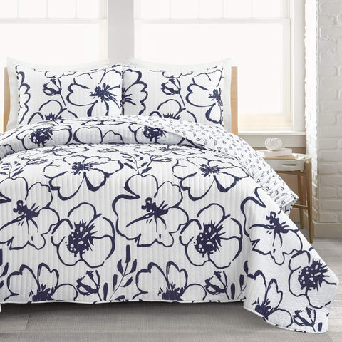 Lush Decor Scandinavian Floral Quilt Queen Size Reversible 3 Piece Set Full/Queen Navy & White - Floral Bedding Set Queen Quilt - White Bedding