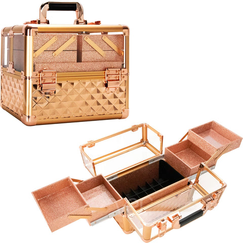 Ver Beauty Armored Acrylic Makeup Case Jewelry Portable Travel Art Craft Tattoo Organizer with 4 Extendable Trays Clear Cover Micro-Fiber Cloth Brush Holders Keylocks