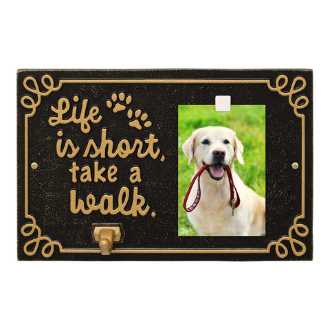 Whitehall Pet Photo Plaque Leash Hook - Cast Aluminum Life is Short Take a Walk Keepsake Animal Paw Print Wall Sign and Leash Holder with Picture Clip - Black/Gold