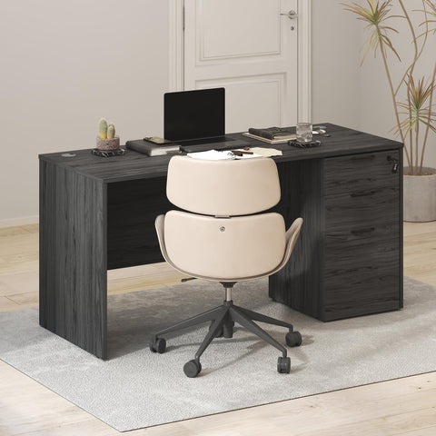 Furinno Roger 60 Inch Executive Desk with File Cabinet, Home Office Desk with 3-Drawer Fixed Pedestal Filing Cabinet, Desk Cord Grommet, for Home Office, Coastal Grey