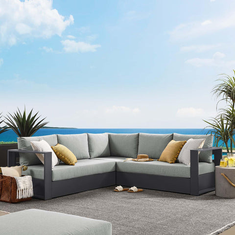 Modway Tahoe Aluminum 3-Piece Outdoor Patio Furniture Gray, Modular Sectional Sofa Set with Weather-Resistant Cushions, Ideal for Deck, Backyard Poolside