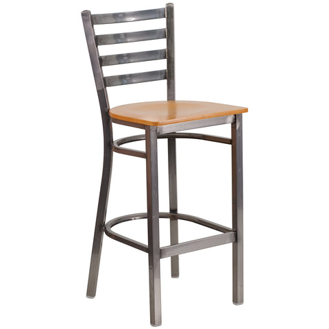 Flash Furniture HERCULES Series Clear Coated Ladder Back Metal Restaurant Barstool - Natural Wood Seat (Pack of 1)