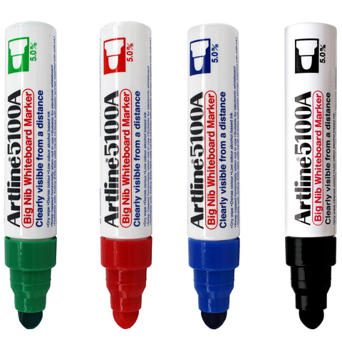 Artline 5100A Big Nib Magnum Whiteboard Dry Erase Markers, Extra Thick 5.0mm Bullet Tip, Readable from a Great Distance, Low Odor Colored Markers for School, Black, Red, Blue, Green, 4-Pack