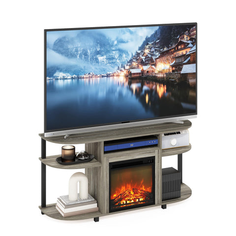 Furinno Jensen Fireplace TV Stand, Curved Entertainment Center, TV Console for TV up to 55 Inch with Fireplace and Open Storage, for Living Room, Bedroom, French Oak Grey