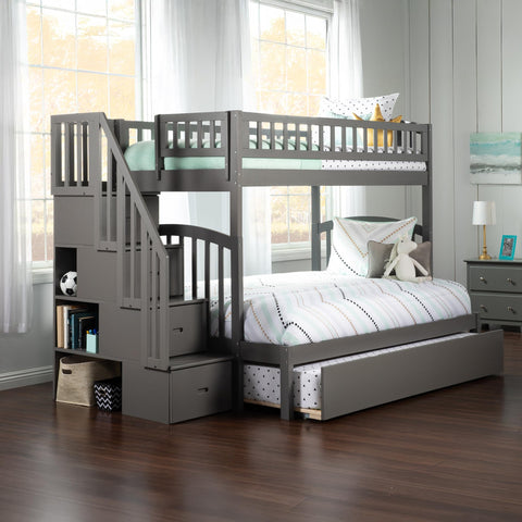 AFI Westbrook Staircase Bunk with Turbo Charger and Twin Size Urban Trundle, Full, Grey