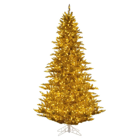 Vickerman 9' x 64" Gold Tinsel Artificial Pre-Lit Christmas Tree with White LED Lights and Tree Stand