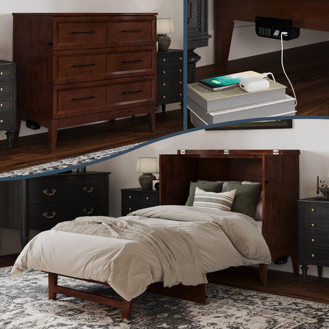 AFI, Santa Fe Twin Murphy Bed Chest with 6" Mattress & Built-in USB Charger, Walnut
