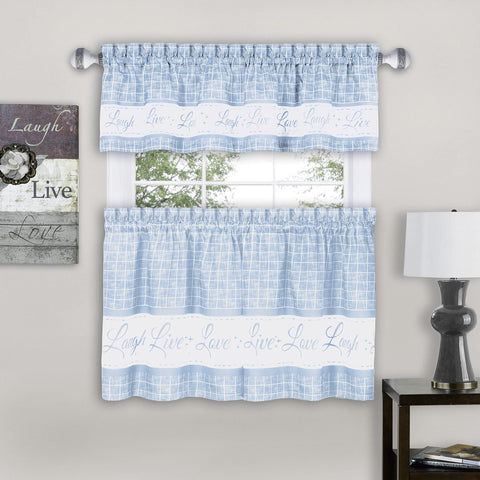 ACHIM Tier and Valance Window Curtain Set - 58 Inch Width, 36 Inch Length - Live, Love, Laugh (Light Blue) - Light Filtering Drapes for Kitchen, Bedroom, Living & Dining Room Home Decor