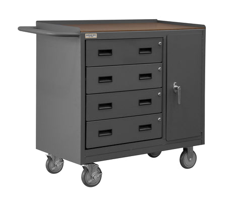 Mobile Bench Cabinet With 5 Inch X 1-1/4 Inch Polyurethane Casters (2) Rigid (2) Swivel Tempered Hard Board Top 1 Shelf 1 Door 4 Drawers Lockable Push Handle Gray