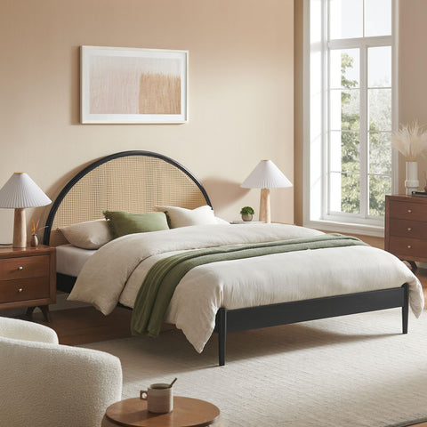 Modway Odette Arched Queen Platform Bed in Black with Rattan Cane Headboard – Wooden Queen Half Moon Bed Frame – Mid-Century Modern Queen Size Platform Bed Frame