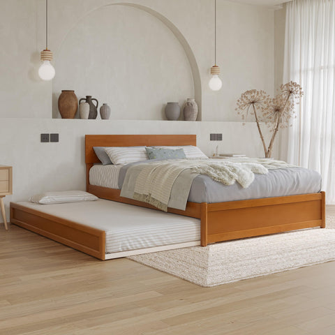 AFI, Wesley Full Platform Bed with Panel Footboard & Twin Trundle, Light Toffee