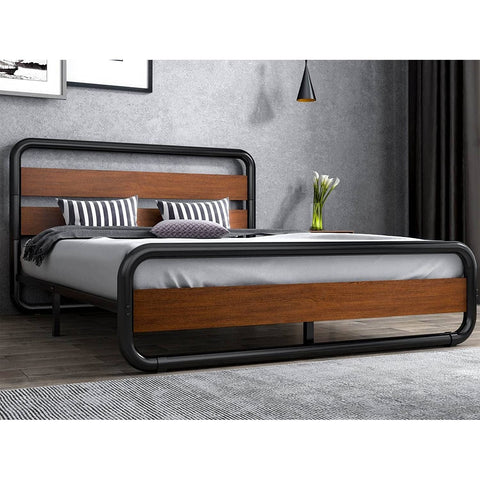Fast Furnishings Queen Heavy Duty Modern Industrial Metal Wood Platform Bed Frame with Headboard