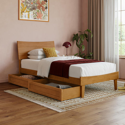 AFI, Phoenix Twin XL Wood Platform Bed with Storage Drawers, Light Toffee