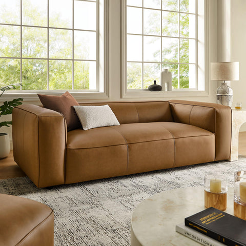 Modway Auren Vegan Leather Sofa in Camel - Faux Leather 3 Seater Couch - 88 Inch Comfy Modern PU Leather Sofa - Oversized Mid Century Modern Couch for Living Room, Apartment, Loft