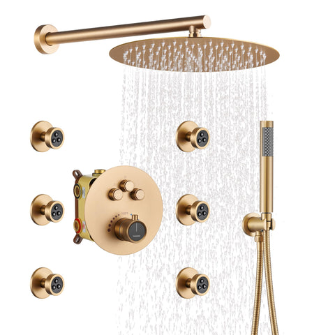 CASAINC Thermostatic Shower System 3-Function Shower Faucet Set, Wall-Mounted 12 Inch Round Shower Head with Handheld Spray Combo & 6 Body Spray Jets (Brushed Gold)