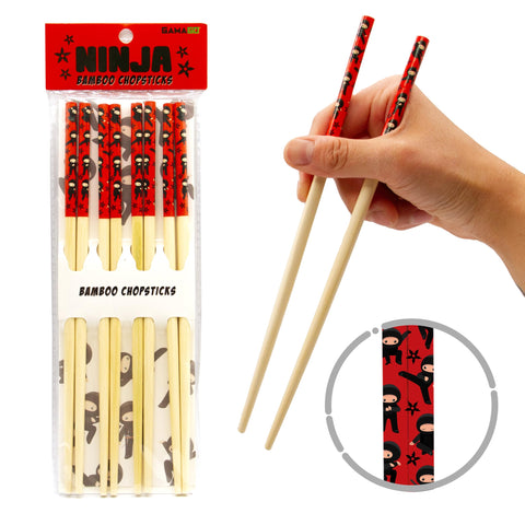 GAMAGO Ninja 2 Bamboo Chopsticks Set – 4 Pair of Adorably Cute Reusable Chop-sticks - Easy Grip, Lightweight, Durable, 9.25 Inches