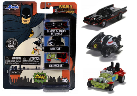 Jada Toys DC Comics Batman: The Classic TV Series 1.65" Nano 3-Pack Die-cast Cars, Toys for Kids and Adults