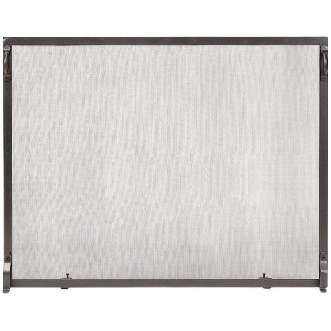 Colonial Flat Fireplace Screen, 38 x 30 Inch, Low Profile Wrought Iron Spark Guard with Graphite Finish