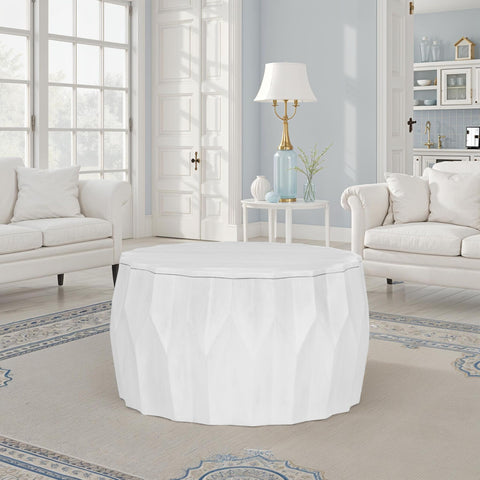 Carolina Chair & Table 30" Diamond Carved Round Mango Wood Coffee Table - Elegant Cylindrical Base - Modern Home Decor Furniture for Bedroom, Living Room, Dining (Whitewash)