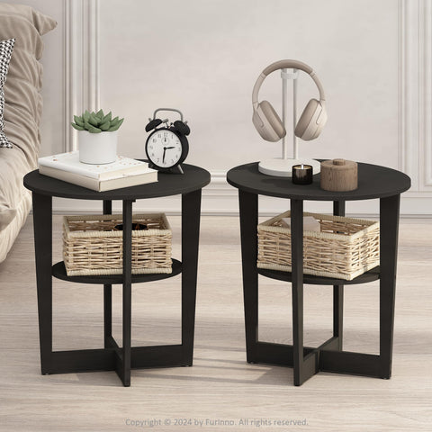 Furinno TIDUR Night Stand Set of 2, 2-Tier Oval Nightstand with Round Edge Tabletop, Open Shelf Bedside Table, End Table, Side Table, for Bedroom, Closet, Dorm, Walnut