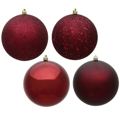 Vickerman 6" Burgundy 4-Finish Ball Ornament Set - Matte, Shiny, Glitter, Sequin - Shatterproof Plastic - for Christmas Tree Decor - 4 Ornaments per Box