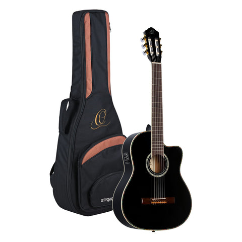 Ortega Guitars 6 String Family Series Pro Solid Top Acoustic-Electric Nylon Classical Guitar w/Bag, Right (RCE141BK)