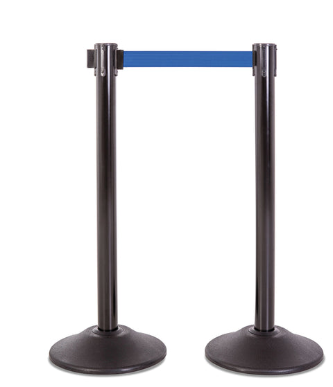 US Weight Black Heavy Duty Premium Steel Stanchion with Blue 7.5-Foot Retractable Belt, 2 pack