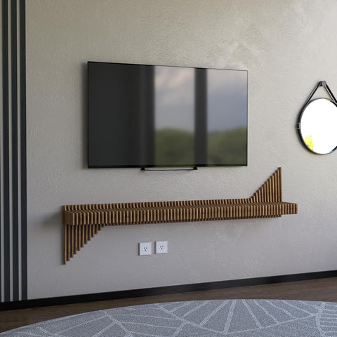 Parametric 65 inch Floating Shelf TV Unit Modern Geometric Wooden Wall Piece Decor Natural Oak Color 3D Wavy Living and Gaming Room Shelf