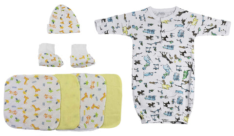 Gown, Cap Booties and Washcloths - 7 Pc Set - Newborn