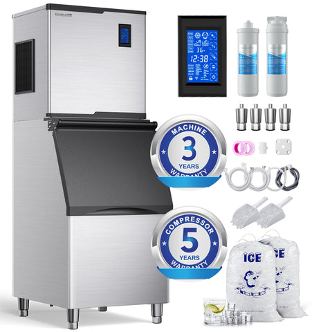 Coolake Commercial Ice Maker Machine 450lbs with 360lb Large Storage, 22 Inch Full Cube Air Cooled Stainless Steel Freestanding Ice Machine for Restaurant Church Hotel, DOE ETL Listed