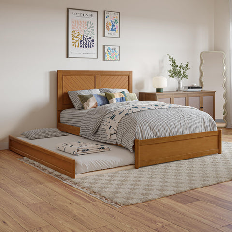 AFI, Clayton Full Platform Bed with Panel Footboard & Twin Trundle, Light Toffee