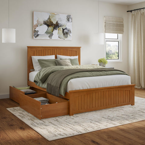 AFI, Nantucket Queen Platform Bed with Matching Footboard and Storage Drawers, Light Toffee