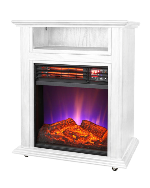 Comfort Glow White Mobile Electric Quartz Fireplace Heater, 5,120 BTUs, Heats Up to 1,000 Sq Ft Coverage, Remote, Timer, 3-Color Flame, Adjustable Brightness