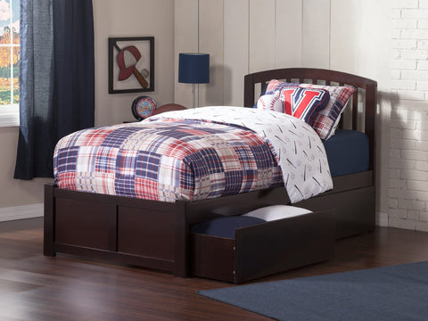 Richmond Twin XL Platform Bed with Flat Panel Foot Board and 2 Urban Bed Drawers in Espresso