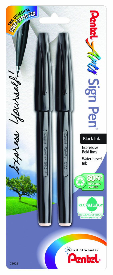 Pentel Arts Sign Pen, Black Ink, 2 Pack (S520BP2A), Assorted