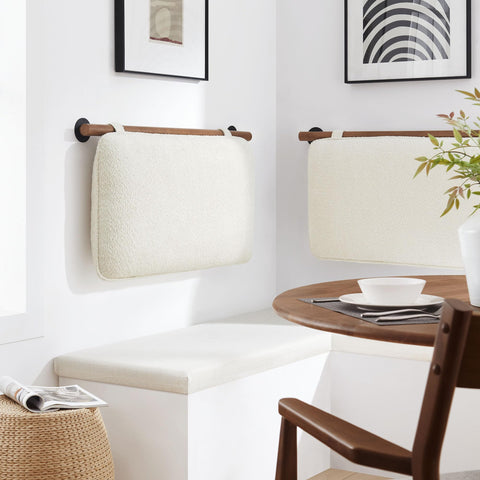Modway Anela Chenille Upholstered Wall-Mounted Headboard Twin Size in Cream Walnut - Floating Padded Headboard with Wood Bar and Cushion for Twin Bed - Hanging Back Cushion for Bench