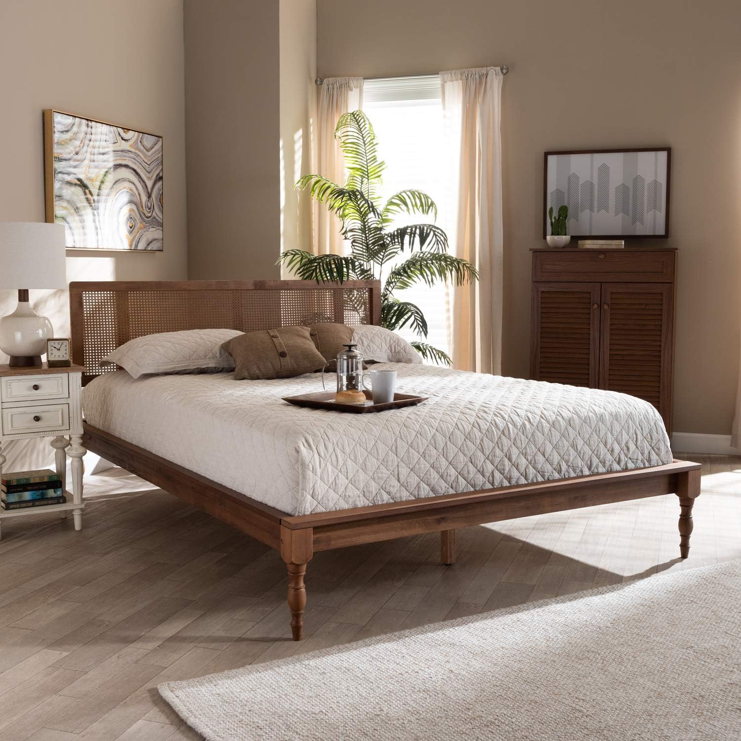 Baxton Studio Romy Vintage French Inspired Ash Wanut Finished Wood and Synthetic Rattan Full Size Platform Bed