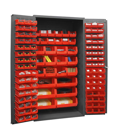 Durham 2501-BDLP-126-1795 Lockable Bin Cabinet with 126 Red Hook-On Bins, Flush Door Style, 36" Wide, 16 Gauge, Gray