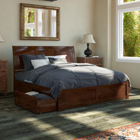 Portland King Platform Bed with Flat Panel Footboard and Turbo Charger with Urban Bed Drawers in Walnut