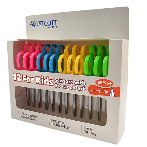 Westcott Right- & Left-Handed Pointed Scissors for Kids Ages 6+, Durable Stainless Steel Blades, Back to School Supplies, Classroom Scissors, Includes Storage Rack, 5-Inch, 12 Pack, Assorted Colors