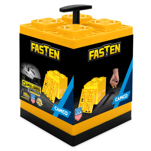 Camco Fasten RV Leveling Blocks - Features Interlocking Design for Customizable Height - Carrying Handle Twists to Secure Blocks for RV Storage - 8.5” x 8.5” x 1”, Yellow, 10-Pack (21022)