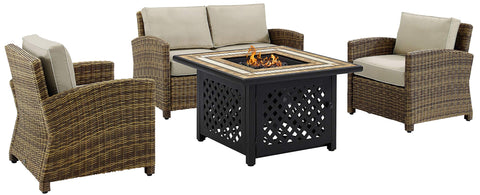 Bradenton 4Pc Wicker Outdoor Loveseat Set W/ Fire Table Weathered Brown/Sand - Loveseat, Tucson Fire Table, & 2 Arm Chairs
