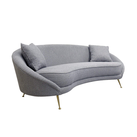 Pasargad Home Luna Upholstered Curved Sofa - 87" Grey with 4 Gold Metal Legs and 2 Included Pillows