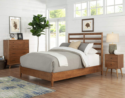 Alpine Furniture Flynn Mahogany and Okoume Veneer Retro Bed with Slat Back Headboard, Full, Chestnut