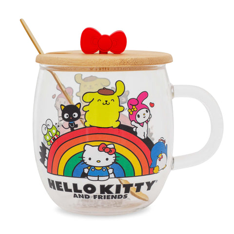 Silver Buffalo Sanrio Hello Kitty and Friends Rainbow Glass Mug With Bow-Topper Lid and Spoon | Large Coffee Cup For Tea, Espresso, Cocoa | Holds 17 Ounces