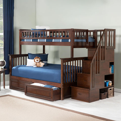 AFI Columbia Staircase Bunk with Turbo Charger and Raised Panel Bed Drawers, Full over Full, Walnut